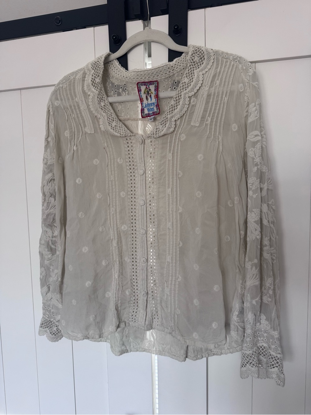 Johnny Was Ivory Lace-Trim Button Front Blouse